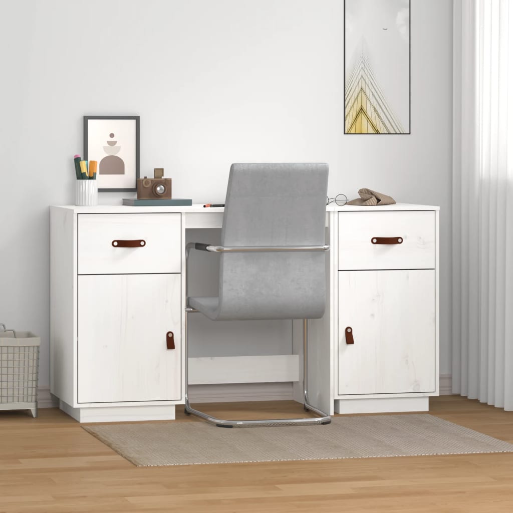 Scrivania con Armadietti，Scrivania da Studio，Tavolo Porta PC per Computer  Moderno Bianco 135x50x75cm Legno Massello Pino XZZ686030 MaisonChic