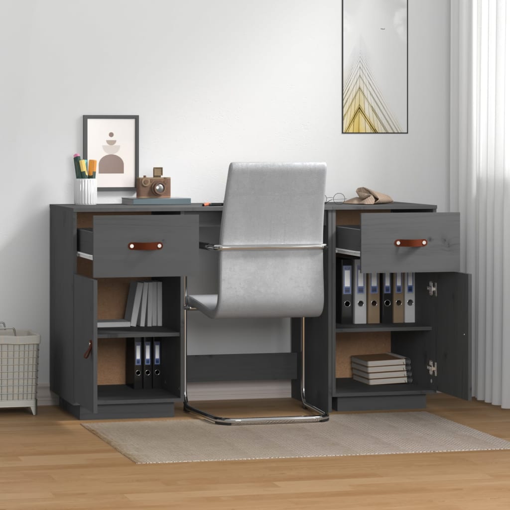 vidaXL skrivebord med skabe 135x50x75 cm massivt fyrretræ grå