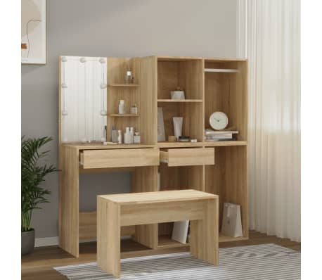 vidaXL Komplet toaletnih mizic z LED lučkami sonoma hrast konstr. les