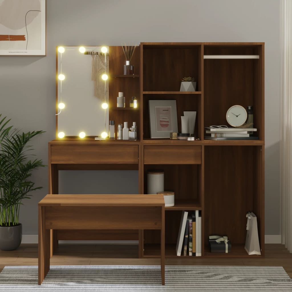 vida XL Schminktisch-Set mit LED Braun Eichen-Optik Holzwerkstoff