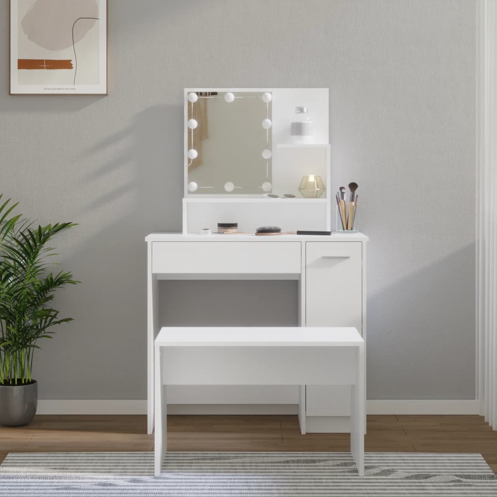 vida XL Schminktisch-Set mit LED Weiß Holzwerkstoff