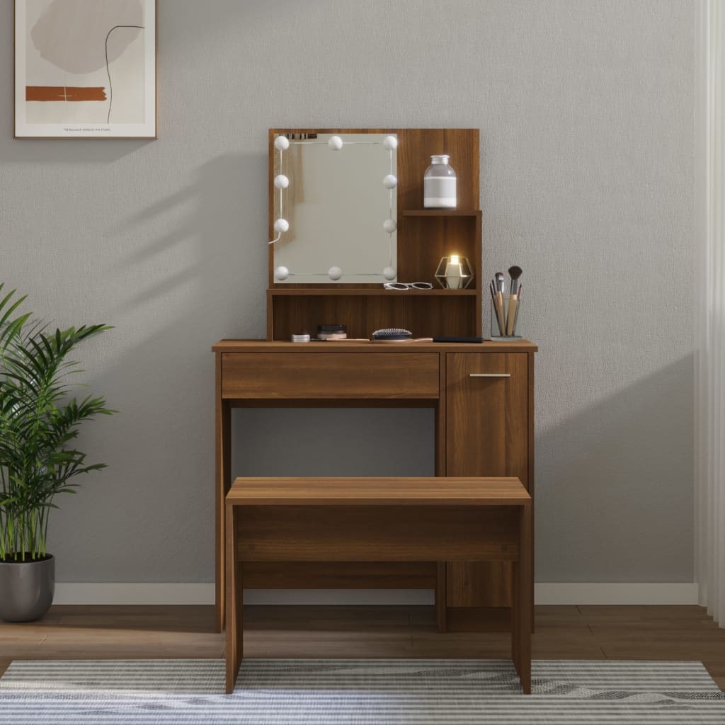 vida XL Schminktisch-Set mit LED Braun Eichen-Optik Holzwerkstoff