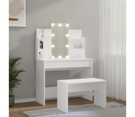 vidaXL Sminkebordsett med LED hvit konstruert tre
