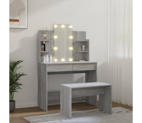 vidaXL Sminkebordsett med LED gr&aring; sonoma konstruert tre