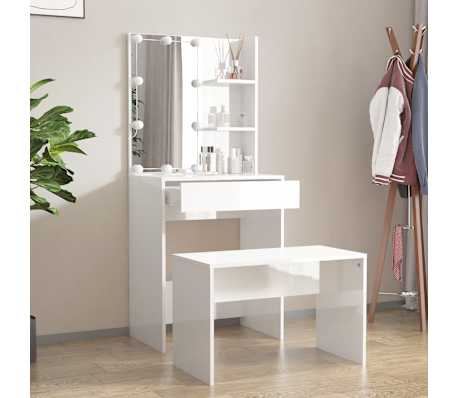 vidaXL Toaletn&iacute; stolek sada s LED b&iacute;l&yacute; vysok&yacute; lesk kompozitn&iacute; dřevo