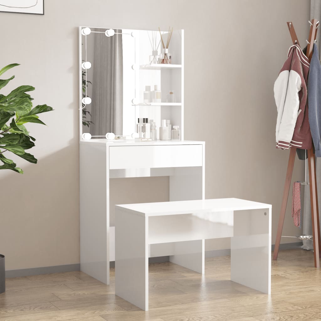 Petrashop  Toaletní stolek sada s LED bílý vysoký lesk kompozitní dřevo