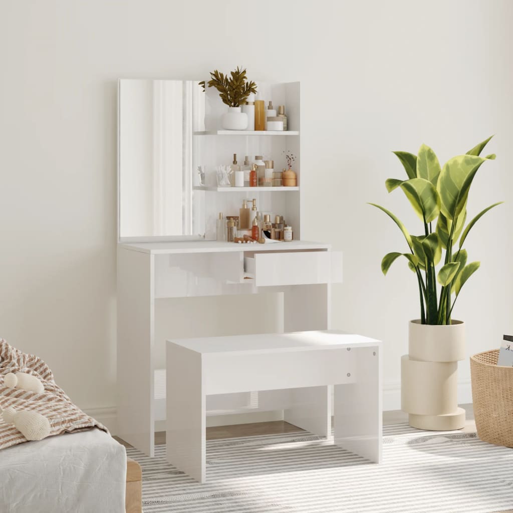 vida XL Schminktisch-Set Hochglanz-Weiß 74,5x 40x 141 cm