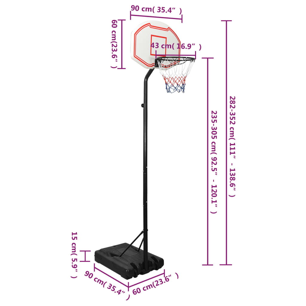 Fehér polietilén kosárlabda állvány 282-352 cm 