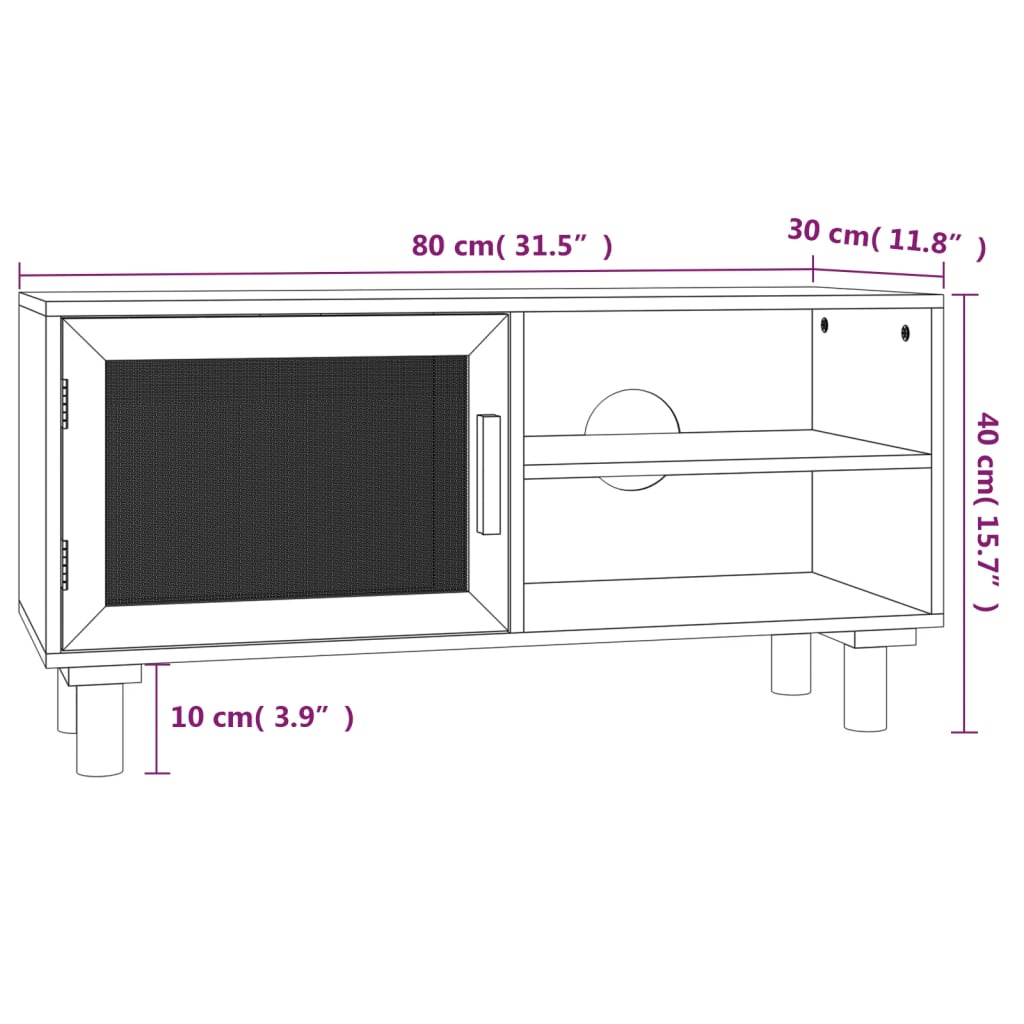 TV stolek bílá 80x30x40 cm masivní borovice a přírodní ratan