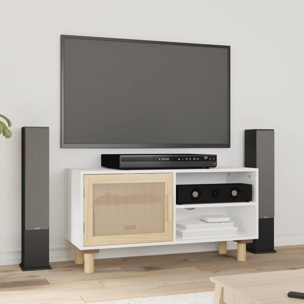 vidaXL Comodă TV, alb, 80x30x40 cm, lemn masiv pin și ratan natural