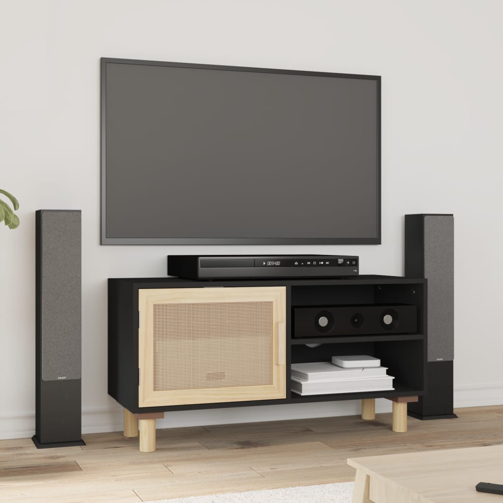 vidaXL Comodă TV, negru, 80x30x40 cm, lemn masiv pin și ratan natural