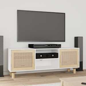 TV omarica bela 105x30x40 cm trdna borovina in naravni ratan