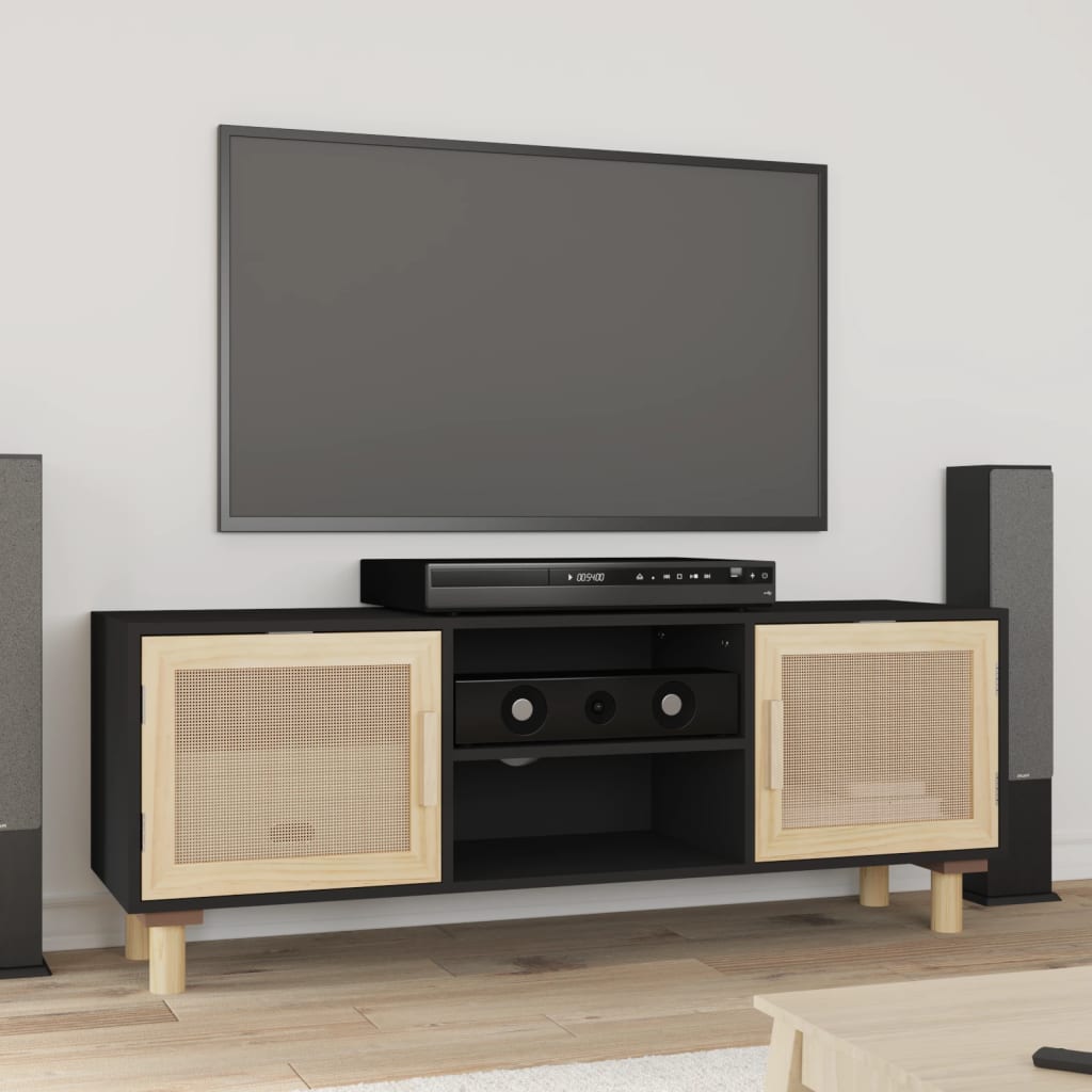 vidaXL Comodă TV, negru, 105x30x40 cm lemn masiv pin și ratan natural