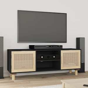 TV stolek černý 105x30x40 cm masivní borovice a přírodní ratan - obrázek 1