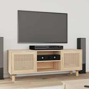 TV stolek hnědý 105x30x40 cm masivní borovice a přírodní ratan
