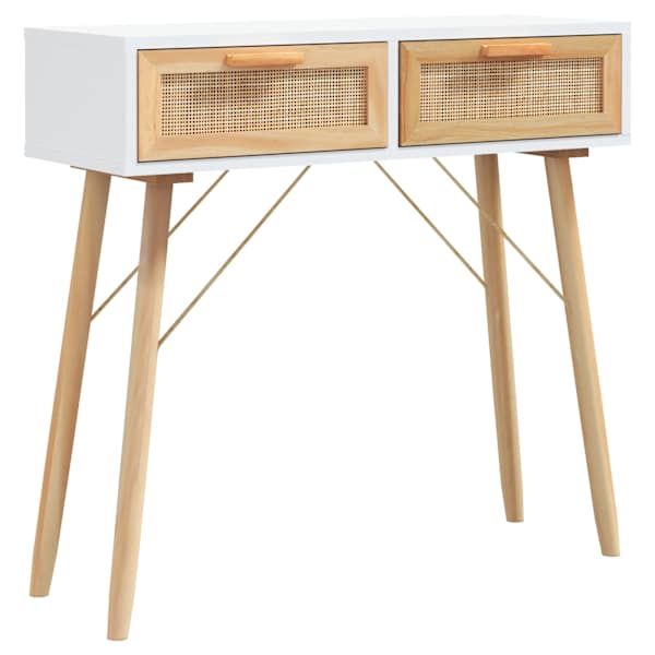 vidaXL konsoollaud, valge, 80x30x75 cm, m&auml;nnipuit ja naturaalne rotang