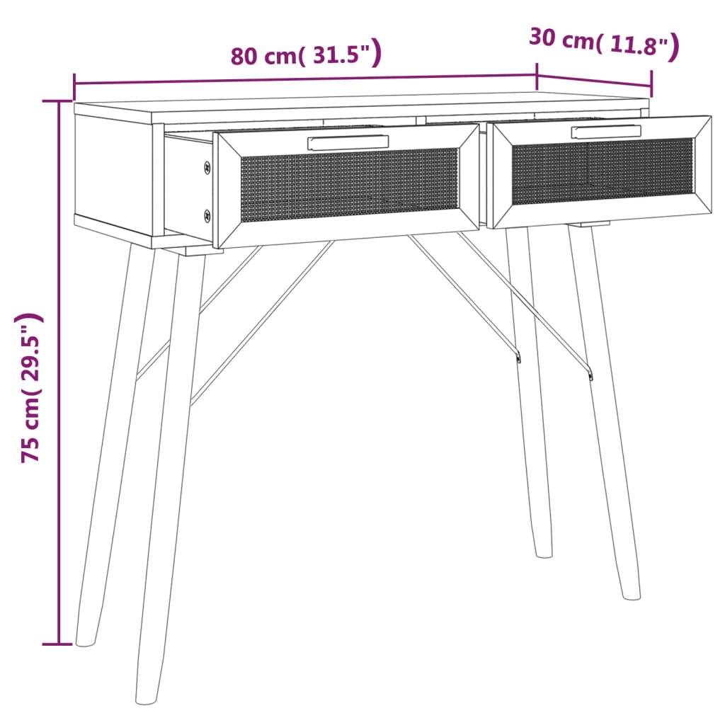 Masă consolă negru 80x30x75 cm lemn masiv pin și ratan natural