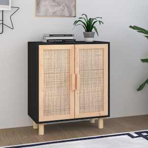 Komoda črna 60x30x70 cm trdna borovina in naravni ratan