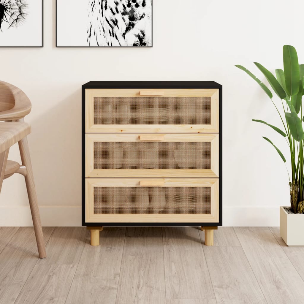 Servanta vidaXL, negru, 60x30x70 cm, lemn masiv pin si ratan natural 1 8720287102571 m en hd 1