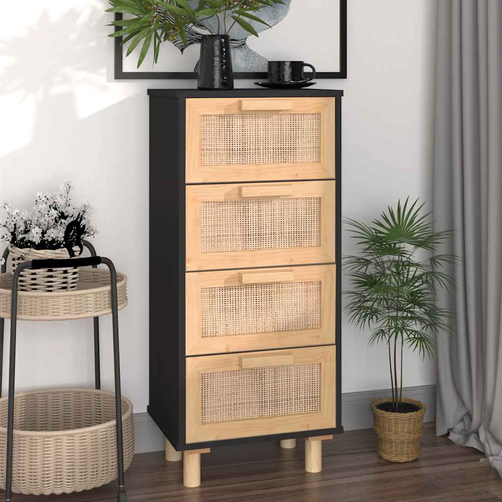 vidaXL Sideboard Schwarz 40x30x90cm Massivholz Kiefer und Natur-Rattan