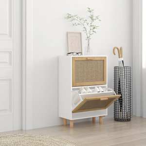 Omarica za čevlje bela 52x25x80 cm inž. les in naravni ratan