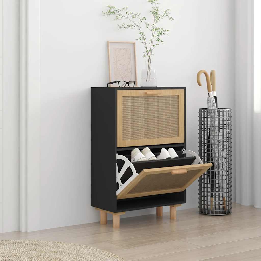 vidaXL Pantofar, negru, 52x25x80 cm, lemn prelucrat și ratan natural