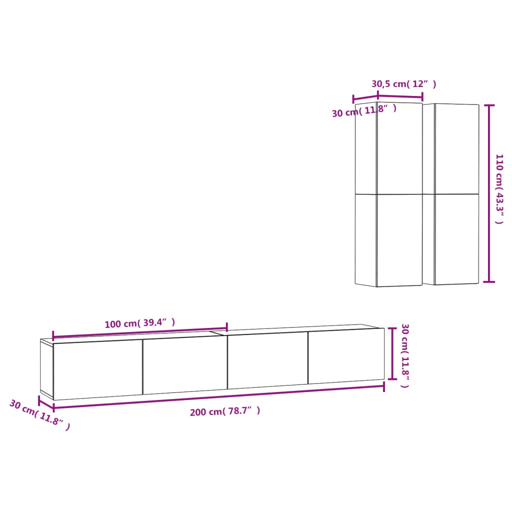 Set dulap TV, 4 piese, gri beton, lemn prelucrat