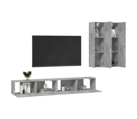 vidaXL TV spintelių komplektas, 4 dalių, betono pilkas, mediena