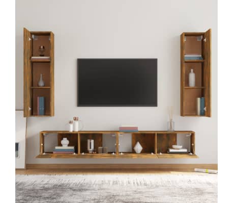 vidaXL Set dulapuri TV, 4 piese, stejar fumuriu, lemn prelucrat