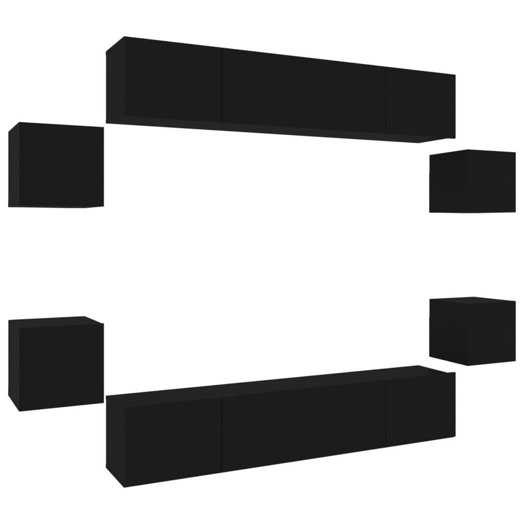 Set dulap TV, 8 piese, negru, lemn prelucrat