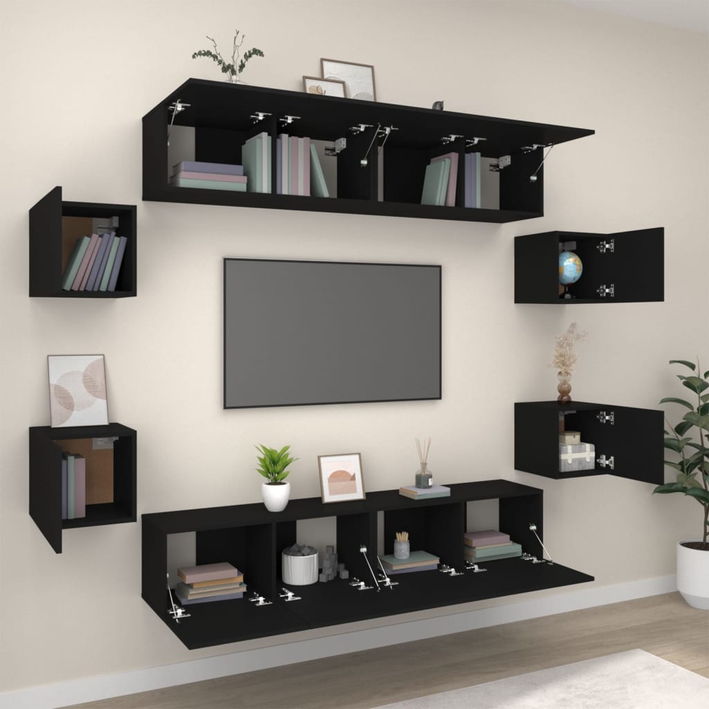 Set dulap TV, 8 piese, negru, lemn prelucrat