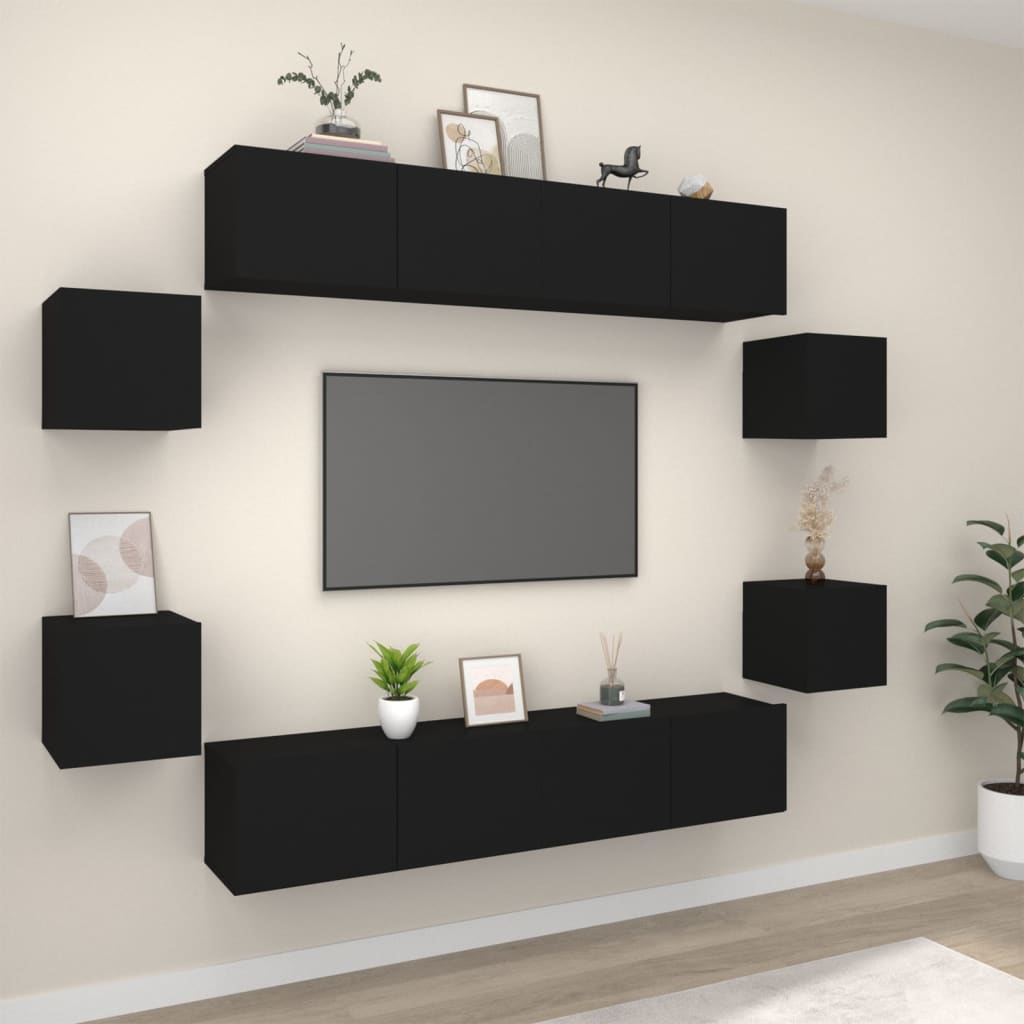 vidaXL Conjunto móveis de TV 8 pcs madeira processada preto
