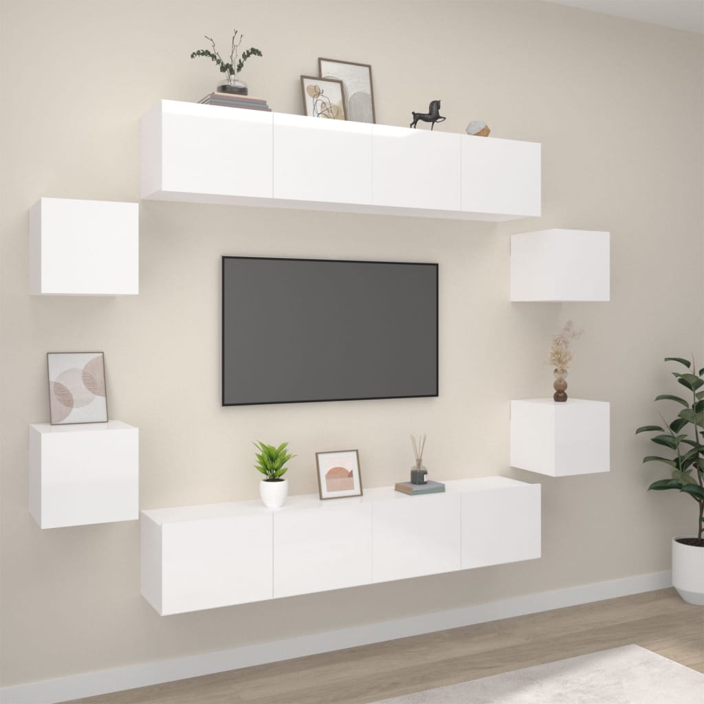 Set dulap TV, 8 piese, alb extralucios, lemn prelucrat