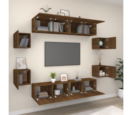 vidaXL TV spintelių komplektas, 8 dalių, rudas ąžuolo, mediena