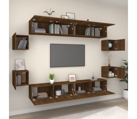 vidaXL TV spintelių komplektas, 8 dalių, rudas ąžuolo, mediena