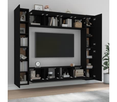 vidaXL عدد 8 قطع طقم خزانة تلفزيون خشب صناعي أسود