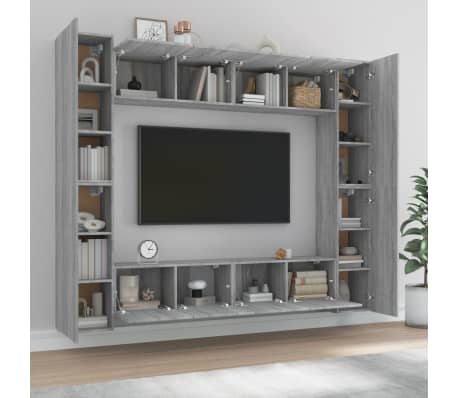 vidaXL TV spintelių komplektas, 8 dalių, pilkas ąžuolo, mediena