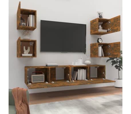 vidaXL TV spintelių komplektas, 6 dalių, dūminio ąžuolo, mediena