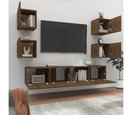 vidaXL TV spintelių komplektas, 6 dalių, rudas ąžuolo, mediena