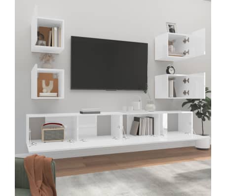 vidaXL TV spintelių komplektas, 6 dalių, baltas, mediena, blizgus