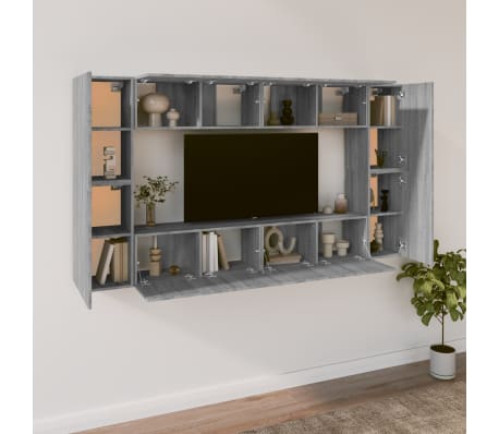 vidaXL TV spintelių komplektas, 8 dalių, pilkas ąžuolo, mediena