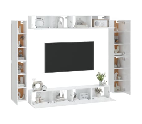 vidaXL TV spintelių komplektas, 8 dalių, baltas, mediena, blizgus