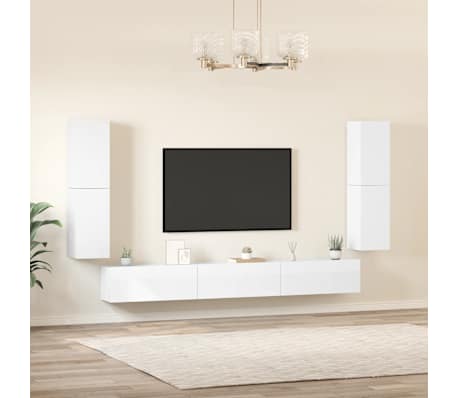 vidaXL TV spintelių komplektas, 7 dalių, baltas, mediena, blizgus