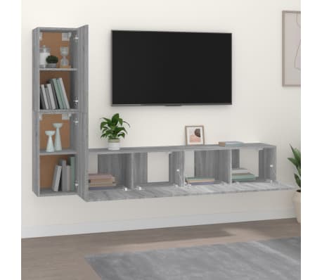 vidaXL TV spintelių komplektas, 4 dalių, pilkas ąžuolo, mediena