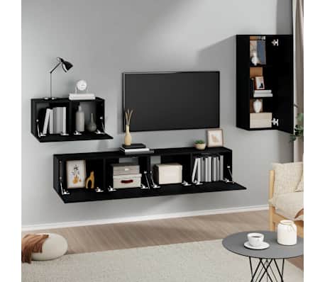 Meuble TV 3 Pièces En Bois D'Ingénierie Noir - Design Mural Moderne, Gain De Place