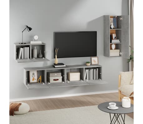 vidaXL Set dulap TV, 4 piese, gri beton, lemn prelucrat