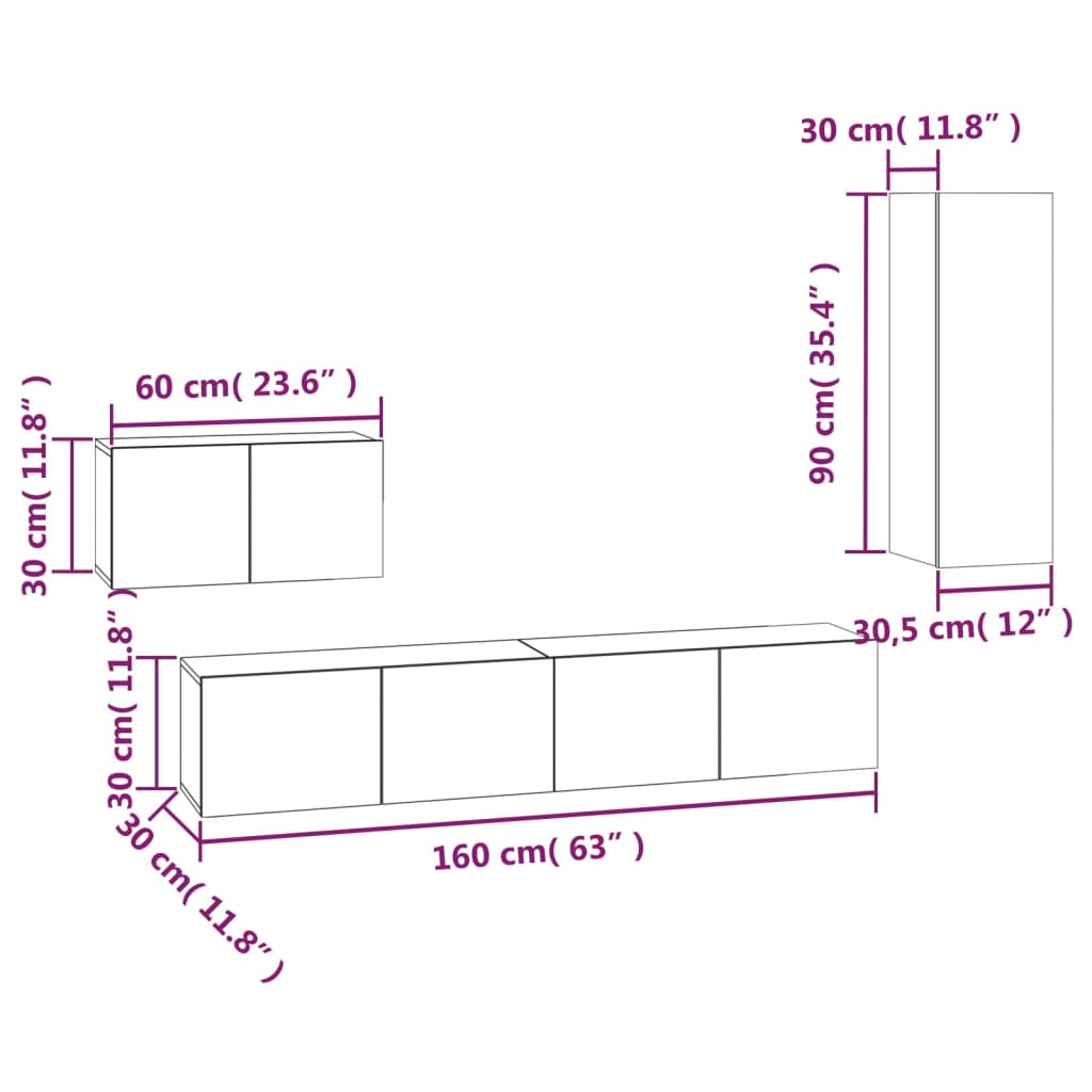 Klasyczny Zestaw Szafek TV - Przydymiony Dąb, 80x30x30cm, 60x30x30cm, 30.5x30x90cm