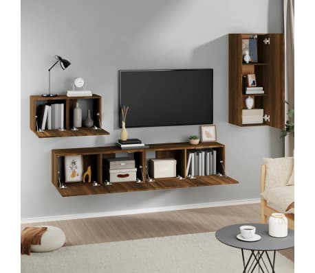 vidaXL TV spintelių komplektas, 4 dalių, rudas ąžuolo, mediena