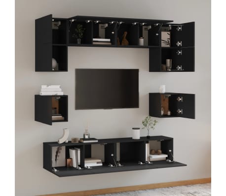vidaXL Televizoriaus spintelių komplektas, 8 dalių, juodas, mediena