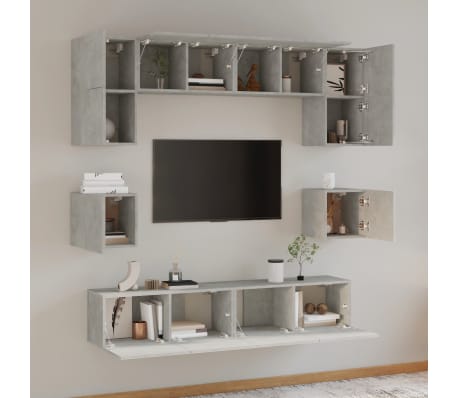 vidaXL Tv-sk&aring;p 8 delar betonggr&aring; konstruerat tr&auml;